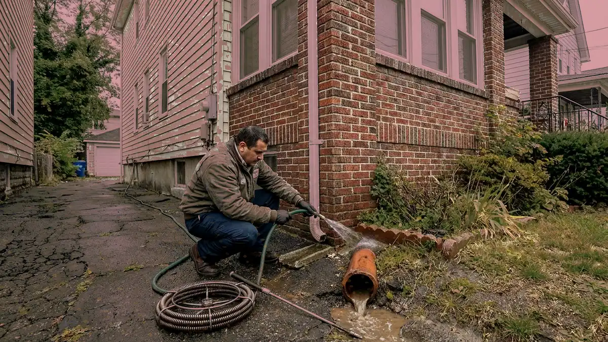Downspout flushing and buried clay drain line check in Elizabeth New Jersey Union County older brick rowhouse drainage problem Miguel