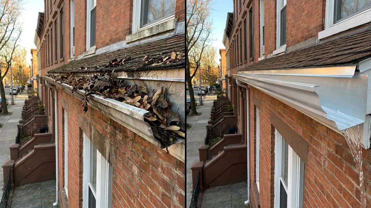 Gutter cleaning before and after on Elizabeth New Jersey rowhouse Union County Elmora North End oak maple debris landlord documentation brick
