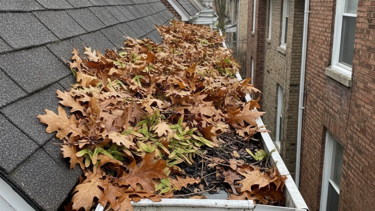 Gutter cleaning on Elizabeth NJ rowhouse Oak and maple debris removal Union County Miguel